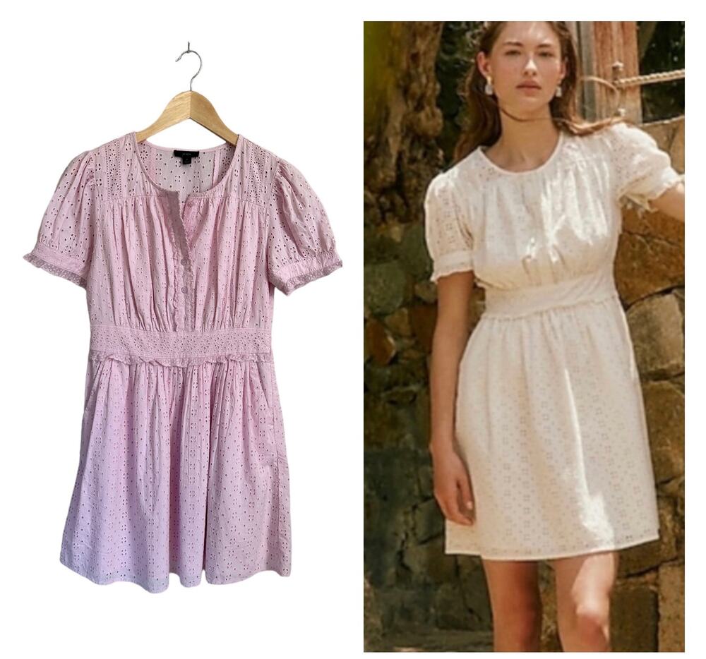 NEW J Crew Cotton Eyelet Button Front Pockets Short Sleeve Lavendar Dress Size 2